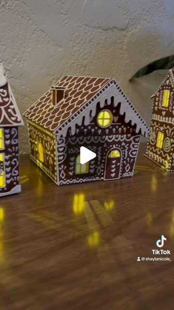 Shayla Caso on Instagram: "DIY Pottery Barn gingerbread houses using Michaels wooden houses! #DIY #Christmas #craft" Michaels Christmas Village, Michaels Gingerbread House, Michaels Christmas Crafts, Christmas Crafts Gingerbread House, Pottery Barn Gingerbread House Diy, Pottery Barn Gingerbread, Painted Wooden Houses Diy Crafts, Gingerbread House From Cardboard, Painted Christmas Houses Diy