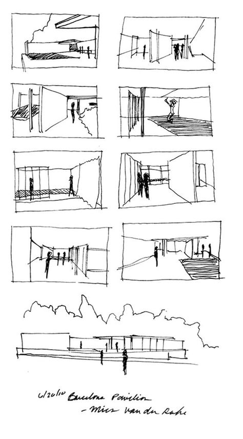 Culture Bleue: " Less is more " Mies van der Rohe Plan Concept Architecture, Sketchbook Architecture, Croquis Architecture, Perspective Sketch, Architecture Sketches, Concept Sketches, Desain Lanskap, Architecture Sketchbook, 타이포그래피 포스터 디자인