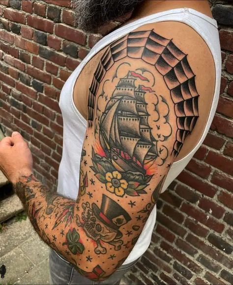 🔥🔥 American Traditional Tattoo Guide 🔥🔥 +60 designs Traditional Tattoo Girls, Traditional Shark Tattoo, Traditional Ship Tattoo, Old School Tattoo Sleeve, Traditional Panther Tattoo, Traditional Heart Tattoos, Traditional Eagle Tattoo, Traditional Snake Tattoo, Christian Sleeve Tattoo