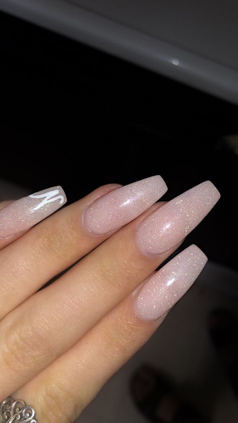 Sparkly Simple Nails, Glittery Nail Ideas Coffin, Shimmer Acrylic Nails Coffin, Sparkly Formal Nails, Light Pink Nails Acrylic With Glitter, Simple Acrylic Nails Sparkle, White Glittery Acrylic Nails, Coffin Sparkly Nails, Sparkly Nails Simple