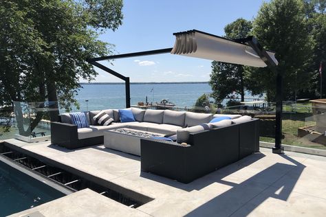 Freestanding Retractable Canopy, Lake Simcoe - ShadeFX Cascading Deck, Pool Canopy, Lake Simcoe, Swimming Pool Ideas, Retractable Shade, Pool Shade, Outdoor Renovation, Lakefront Living, Swimming Pool Tiles