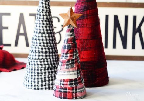 Flannel Trees | DIY Flannel Trees | Flannel Christmas Decorations | Flannel Christmas | Flannel Christmas Tree | Rustic Christmas Decorations | Christmas Crafts DIY | Christmas Crafts to Sell | Down Redbud Drive #flanneltrees #flannelchristmastrees #rusticchristmasdecor #rusticchristmas #christmascrafts Flannel Trees, Quick And Easy Christmas Crafts, Flannel Christmas Tree, Christmas Decor Cozy, Pretty Christmas Cards, Diy Christmas Crafts To Sell, Flannel Christmas, Christmas Crafts To Sell, Christmas Crafts For Adults