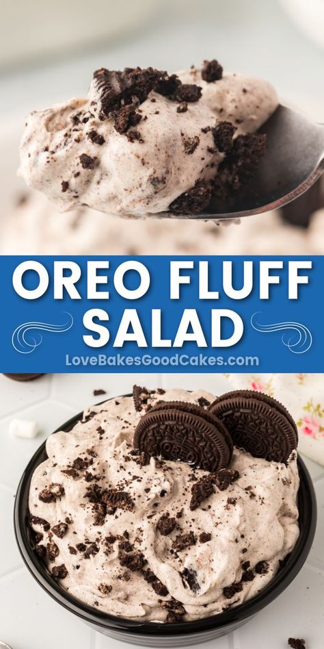 Oreo Fluff Salad pin collage Oreo Cookie Salad, Oreo Fluff Salad, Oreo Salad, Easy Oreo Fluff, Oreo Fluff Dessert, Cookie Salad, Cupcakes Oreo, Fluff Salad Recipes, Oreo Fluff