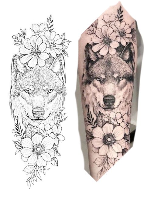 Wolf Flowers Tattoo, Flower Wolf Tattoo, Wolf With Flowers Tattoo Design, Wolf Flower Tattoo Design, Wolf Tattoo Stencil Design, Wolf Flower Tattoo, Animal Tattoo Stencil, Sleeve Stencils Tattoo Designs, Wolf Tattoo Stencil