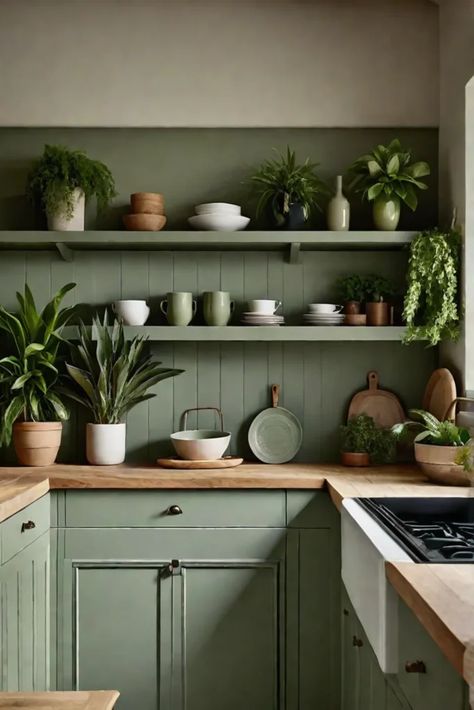 Sage Green Pantry, Serene Kitchen, Cabinets And Open Shelving, Sage Green Cabinets, Kitchen Cabinet Color, Vintage Kitchen Remodel, Cabinet Trends, Update Kitchen Cabinets, Kitchen Cabinet Trends