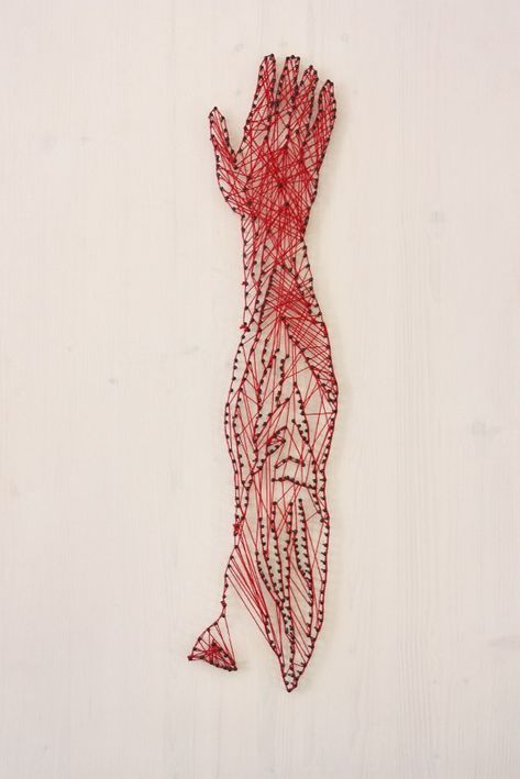 Artist Alan Dindo created this impressive image of an arm, called "In Your Arms," from just red thread and nails. Diy Horror, Textiles Projects, In Your Arms, Rainbow Paper, Thread Art, A Level Art, Human Condition, Microbiology, Hand Art