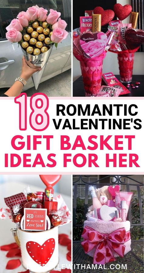 Looking for some cute DIY Valentine's Day Gift Baskets for her? Here are 18 of the sweetest homemade baskets you can 100% she will actually swoon over! If you to impress her this Valentine's Day and show her just how much you care, click on the in to get all the inspiration you need to make your own Valentine's Day gift baskets! These gift baskets are super thoughtful and easy to create so you can easily make these for friends, coworkers and family! Diy Valentine's Gift Baskets, Diy Gift Basket Ideas, Diy Gift Basket, Homemade Valentines Gift, Friend Valentine Gifts, Valentines Day Baskets, Valentine Gift Baskets, Valentine Baskets, Valentine Bouquet