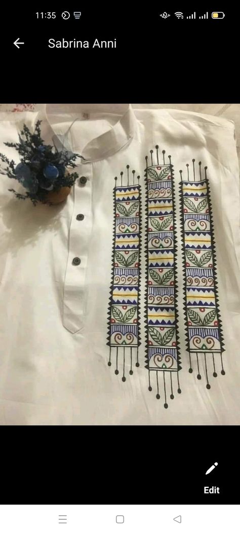 Panjabi Art Design For Men, Punjabi Fabric Design, Fabric Paint Shirt Ideas Design, Painting On Kurta For Men, Kurti Painting Ideas, Punjabi Fabric Design For Men, Hand Painted Punjabi For Men, Panjabi Fabric Painting, Kurta Painting Design For Man