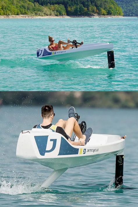 Jetcycle hydrofoil: The recumbent bike that soars over water Lake Floats, Angler Kayak, Pedal Boats, Water Bike, Pedal Boat, Flat Water, Recumbent Bike, Boat Lights, Plane Design