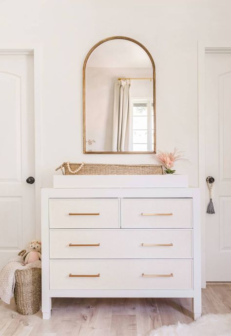 Neutral Nursery Design, Nursery Mirror, Jessi Malay, Nursery Design Neutral, Nursery Interior Design, Custom Dresser, Wood Crib, Nursery Tour, Nursery Changing Table