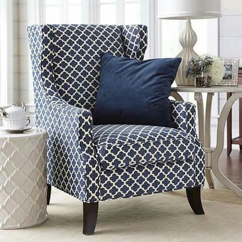 Navy Living Rooms, Blue Living Room, Indoor Patio Furniture, Chair Upholstery, Wing Chair, A Living Room, Blue Decor, Wingback Chair, Accent Chair