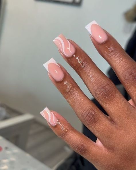 Basic Nail Acrylic Ideas, French Tip With One Nail Different, Pink French Tip Nails Square With Design, French Nails Acrylic Designs, French Tip Short Nails With Design, Short Acrylic Nails With Design, Short French Tip Acrylic Nails With Design, Cute French Tip Nails Designs, French Tip Acrylic Nails With Design