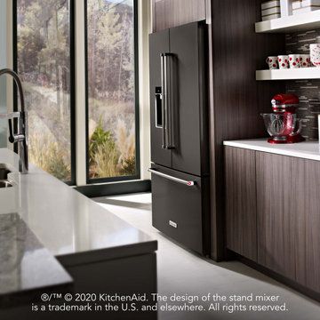 Counter Depth Fridge, Combination Wall Oven, Brown Tile, Beige Cabinets, Espresso At Home, Recessed Panel Cabinets, Light Wood Cabinets, Dark Wood Cabinets, Countertop Appliances