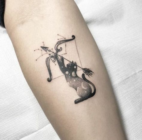 These Sagittarius tattoo ideas show off the personality of this fire sign with images of archers, bows and arrows, constellations, and more. #tattoos #sagittarius #tattooideas #astrology Bow Arrow Tattoos, Sagittarius Constellation Tattoo, Mens Arrow Tattoo, Sagittarius Tattoo Designs, Bow Tattoo Designs, Kitty Tattoos, Sagittarius Tattoo, Arrow Tattoo Design, Simple Tattoos For Guys