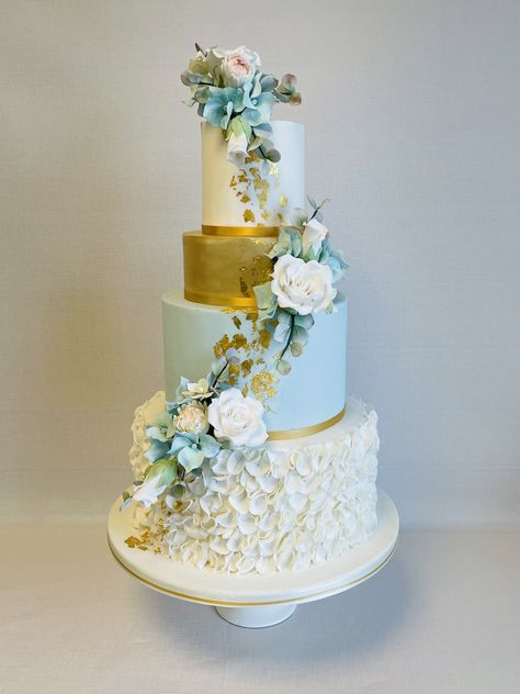 Harper - updated version of our pretty pale blue and gold design with ruffle bottom tier and cascade sprays of sugar roses & hydrangea Wedding Cake Designs Dusty Blue, Wedding Cakes With Gold, Ruffle Wedding Cake, Sugar Rose, Special Cakes, Wedding 2025, Gold Wedding Cake, Pretty Birthday Cakes, Botanical Wedding