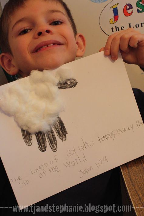 I am going to use ink to make actual handprint. #easter #jesus John 1:29...The lamb of God who takes away the sin of the world. John 1 29, Cotton Ball Crafts, Lamb Craft, Bible Homeschool, Easter Lessons, Sunday School Projects, The Lamb Of God, Jesus Crafts, Preschool Bible Lessons