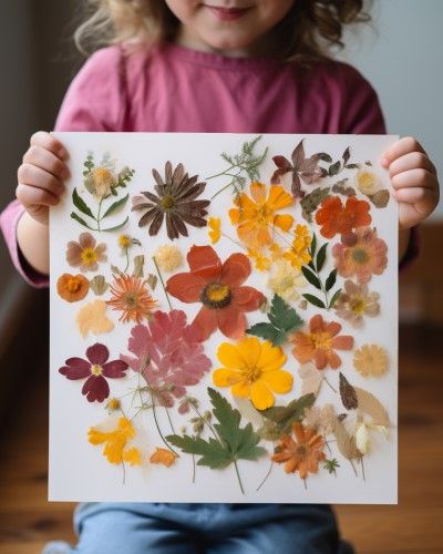 Leaf And Flower Pressing, Nature Collage For Kids, Pressed Flower Crafts For Kids, Flower Projects For Kids, Pressed Leaves Art, Nature Collage Art, Collage For Kids, Nature Crafts For Kids, Diy Anthropologie