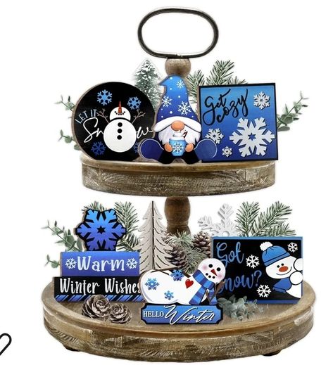 Winter Tray, Winter Table Decorations, Snowman Gnome, Tiered Tray Decor Christmas, Blue Gnome, Winter Tiered Tray Decor, Tabletop Shelf, Rustic Easter, Tray Decor Christmas