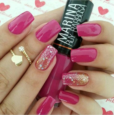 Cerise Pink Nails, Valentine Nail, Birthday Gold, Valentine Nail Art, Golden Colour, Finger Nails, Cerise Pink, Paws And Claws, Pink Nail Designs