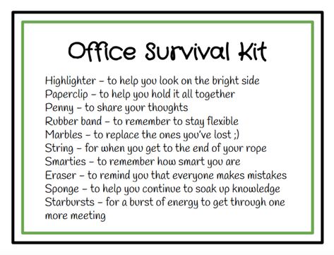 Supervisor Survival Kit Ideas, Office Emergency Kit Gift Ideas, Office Survival Kit Funny, Secret Work Buddy Gifts, Manager Survival Kit Ideas, Office Survival Kit Gift Ideas, Survival Kits For Coworkers, Funny Survival Kit Ideas, Mc Jokes