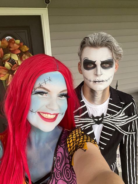 Jack Nightmare Before Christmas Makeup, Jack And Sally Face Paint, Jack And Sally Makeup, Jack Skellington And Sally Costume, Jack Skellington Makeup For Guys, Sally And Jack Costume, Sally Make Up, Jack And Sally Costume Couple, Sally Nightmare Before Christmas Costume