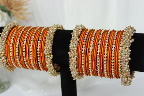 Orange Bangle Stack Indian Bangles Beautiful Gifting and Occasion Wear Jewellery - Etsy  Jago bangle set inspo Orange Bangles, Bridal Ornaments, Bangle Stack, Indian Bangles, Punjabi Outfits, Bangles Set, Bangles Indian, Stacked Bangles, Bangle Set