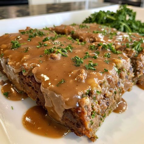 Meatloaf with Brown Gravy Recipe Mushroom Gravy For Meatloaf, Mushroom Brown Gravy, Meatloaf With Brown Gravy, Meatloaf Gravy Recipe, Brown Gravy Meatloaf, Onion Soup Meatloaf Recipe, Brown Gravy Recipe Easy, Mashed Potatoes And Green Beans, Meatloaf With Gravy