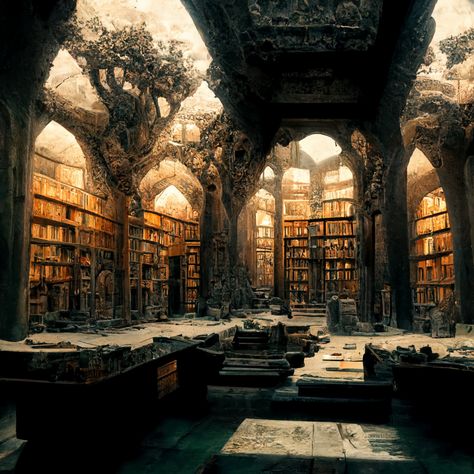 Old university arabesque vines ruins books stone library 4k architecture wood desks detail fantasy dark academia ancient Old Castle Library, Dark Academia Library Wallpaper Desktop, Mystic Library Aesthetic, Dark Gothic Library, Old Library Aesthetic Dark Academia, Ancient City Aesthetic, Library In The Woods, Fantasy Castle Library, Fantasy Ancient Ruins