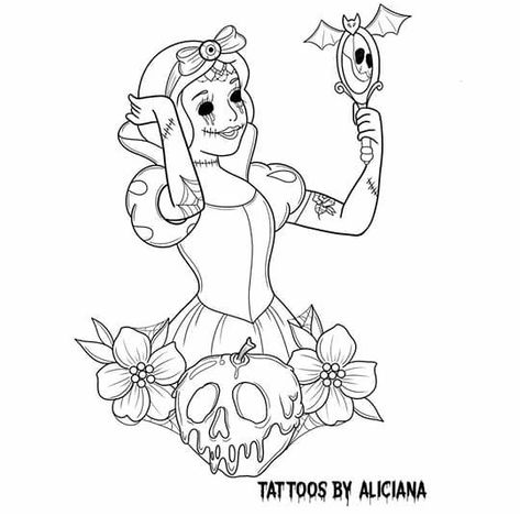 Disney Halloween Drawings, Goth Disney Tattoo, Disney Horror Coloring Pages, Dark Disney Tattoos, Disney Princess Outline, Horror Disney, Scary Coloring Pages, Traditional Tattoo Outline, Elephant Painting Canvas