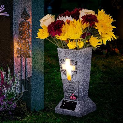 Solar Memorial Cemetery Flower Vase with LED for Fresh/Artificial Cemetery Grave Decorations HUYIENO | HUYIENO Solar Cemetery Grave Vase w / LED for Fresh / Artificial Flowers Headstones Vases brown in Marble | 12.6" H X 4.3" W X 4.3" D | Wayfair Tombstone Designs, Cemetery Vases, Led Decorative Lights, Cemetery Decorations, Halloween Tombstones, Grave Decorations, Vase Lamp, Cemetery Flowers, Outdoor Lighting Landscape