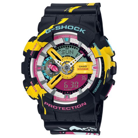 Get ready for an epic collaboration that brings G-SHOCK together with the smash hit global online game, League of Legends. We begin with the rugged GA-110 and bring the popular and charismatic League of Legends champion, Jinx, straight into the action. Boldly printed in vivid color, the bezel and band evoke the wild maverick and her signature weapon, the Super Megadeath rocket. This playful motif is echoed in the small hand shaped like Jinx’s rocket on the inset dial at the 9 o’clock position. League Of Legends Logo, Rolex Tudor, Most Played, Limited Edition Watches, Online Game, Casio G Shock, Game Logo, Analog Watch, G Shock