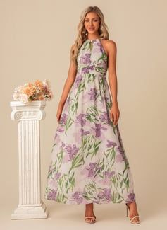 [US$ 54.00] A-line Halter Floor-Length Chiffon Bridesmaid Dress With Floral Print  - JJ's House Purple Floral Bridesmaid Dresses, Chiffon Halter Dress, Floral Bridesmaid Dresses, Spring Wedding Guest, Spring Wedding Guest Dress, Dress With Floral Print, Sleeveless Bridesmaid Dresses, Floral Bridesmaid, Floor Length Chiffon Bridesmaid Dresses