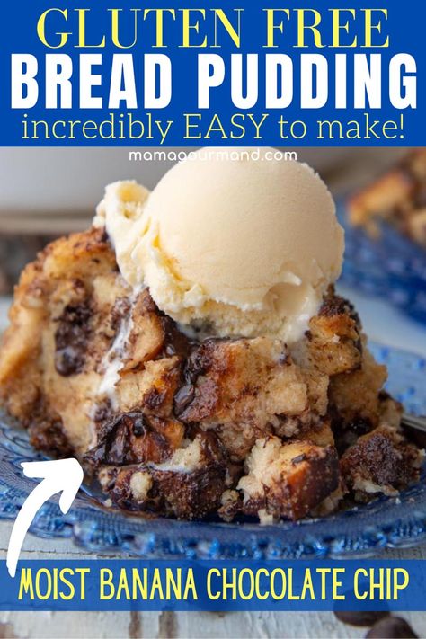 The best gluten-free bread pudding tastes exactly like the old-fashioned dessert you grew up on! This easy, homemade recipe is baked with gluten-free bread, ripe bananas, and gooey chocolate chips for a decadently moist banana bread flavor! #glutenfreebreadpudding #banana #chocolatechip #moist #southern #homemade Gf Banana Bread, Gluten Free Bread Pudding, Mamagourmand Recipes, Homemade Custard Recipe, Dessert List, Mouthwatering Desserts, Best Gluten Free Bread, Banana Bread Pudding, Best Gluten Free Desserts