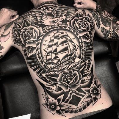 Traditional Nautical Tattoo, Traditional Ship Tattoo, Traditional Back Tattoo, Tato Tradisional, Tato Dada, Tattoo Son, Backpiece Tattoo, Traditional Style Tattoo, Back Piece Tattoo