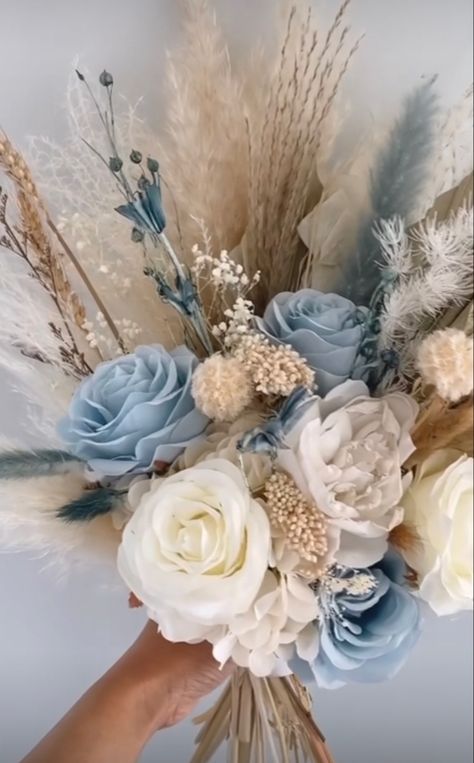 Dusty Blue And Cream Wedding Bouquet, Dusty Blue Bridesmaid Flowers, Blue Wedding Decorations Receptions, Light Blue Western Wedding, Coastal Boho Wedding, Dusk Blue Wedding, Blue Tan Wedding, Dusty Blue Centerpieces Wedding, Dusty Blue And Sage Green Wedding Theme