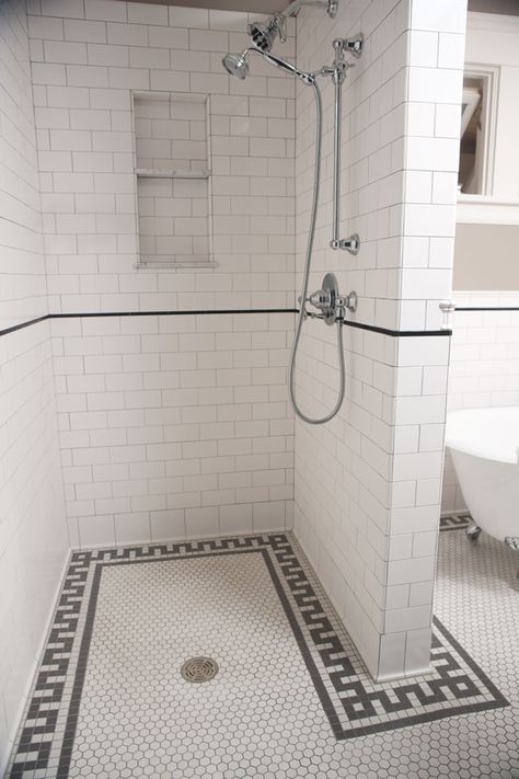 Historic Tile Reproductions, Flat Edge Tile to match tiles from the 1890s to the 1930s, Flat Edge Subway Tile, Black and White Bathroom. Tiles Color, Subway Tile Showers, Walk In Shower Designs, Entry Ways, Unglazed Porcelain, Bad Inspiration, Versace Home, Shower Remodel, Shower Stall