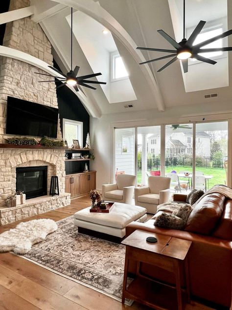 Ceiling Fan Vaulted Ceiling, High Ceiling Living Room Modern, Living Room Fans, Vaulted Ceiling Living Room, Living Room Ceiling Fan, High Ceiling Living Room, New House Living Room, Front Rooms, Modern Farmhouse Living Room