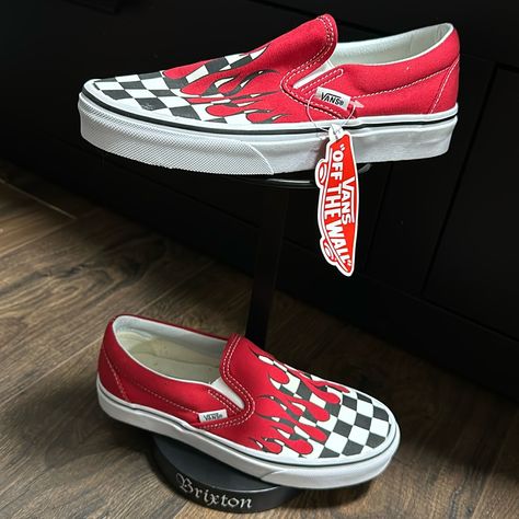 Vans Off The Wall Slip On Sneakers Red With B/W Checkered Flames Size 5.5 Mens Size 7.0 Womens Brand New With Sticker Tag Attached Never Worn No Box No Flaws Vans Red, Vans Off The Wall, On Sneakers, Sneaker Brands, Womens Vans, Off The Wall, Vans Shoes, Slip On Sneakers, The Wall