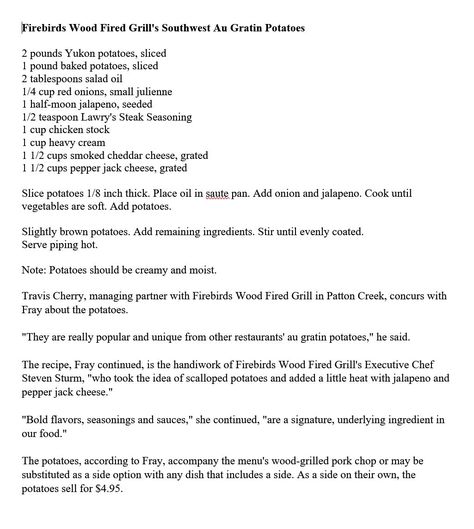 Firebirds Copycat Recipes, Augratin Potatoes, Grilled Potato Recipes, Au Gratin Potatoes, Gratin Potatoes, Yukon Potatoes, Copy Cats, Grilled Potatoes, Potatoes Au Gratin