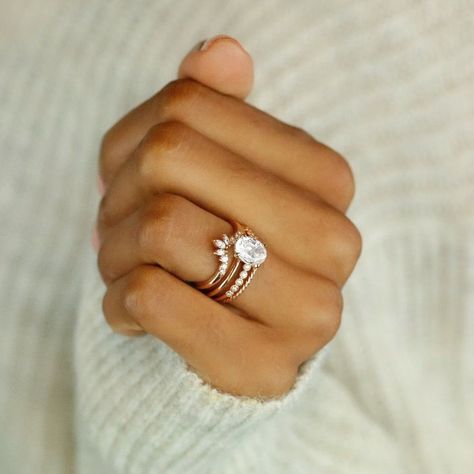 Oval Ring With Stacked Bands, 3 Bands Wedding Ring Set, Contour Diamond Wedding Band, Engagement Ring Layering, Oval Diamond Stacked Rings, Oval Contour Wedding Band, Wedding Band Stacks With Engagement Ring, Unique Wedding Bands With Oval Ring, Stacked Wedding Bands With Oval Ring