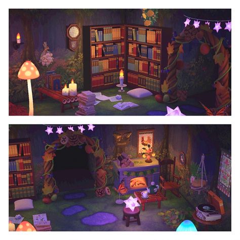 Fairy House Animal Crossing, Acnh Fairytale House, Acnh Magic Room, Witch Aesthetic Animal Crossing, Whimsigoth Animal Crossing, Animal Crossing Island Inspiration Fairy, Acnh House Interior Ideas, Fairy Animal Crossing, Acnh Whimsigoth