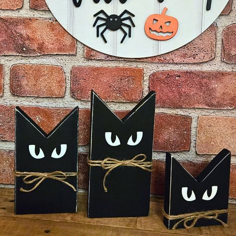 Perfect addition to any halloween decor! These wood cats are made from 1/2 inch reclaimed wood. They are hand painted and sealed to preserve the finish for years to come! The cats eyes even glow in the dark. Glowing effect is intensified when charged with bright light during daytime hours. These come in a set of 3 cats ranging from 4 inches to 7.25 inches tall and 3.50 inches wide. Wooden Cats For Halloween, Black Cat Wooden Craft, Halloween Wood Projects, Wood Cats, Black Cats Halloween, Glowing Effect, Halloween Wood Signs, Cats Eyes, Halloween Wood Crafts