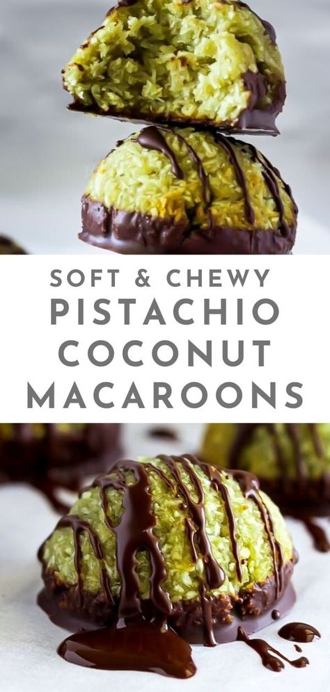 These easy homemade pistachio coconut macaroons are chewy and soft and made without sweetened condensed milk! A hint of rosewater makes these so special! Perfect for Christmas! Dark Chocolate makes these so special! Great homemade coconut cookies for the holidays #christmas #cookies #holidaybaking Pistachio Coconut Macaroons, Christmas Coconut Macaroons, Christmas Coconut Cookies, Coconut Christmas Treats, Macaroons Recipe Coconut, Best Coconut Macaroons Recipe, Coconut Christmas Cookies, Macaroons Coconut, Cookies With Coconut