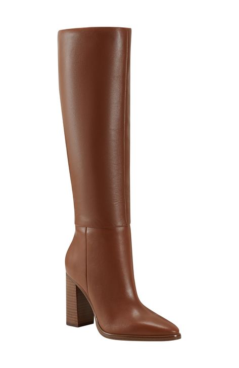 An almond toe and stacked block heel balance a rich leather boot shaped in a knee-high silhouette for timeless appeal. 4" heel (size 8.5) 16" shaft; 15" calf circumference (size 8.5) Leather upper/textile and synthetic lining/synthetic sole Imported Heeled Boots Knee High, Tall Boots With Heel, Knee High Fall Boots, Knee High Boots With Heels, Fall Heel Boots, Fall Boots 2024, Capsule Wardrobe Shoes, High Knee Boots, Pointy Boots