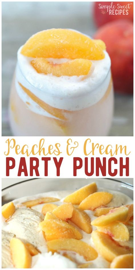 Peaches and Cream party punch recipe! A quick and easy family friendly (non-alcoholic) peach drink with just 4 easy ingredients! A sparkling drink with lots of flavor and a pretty and unique juice! #peachesandcream #peaches #cream #icecream #sprite #punch Sprite Punch, Wedding Punch Recipes, Alcohol Punch, Summer Punch Recipes, Party Punch Recipe, Peach Drink, Easy Party Drinks, Alcoholic Punch Recipes, Non Alcoholic Punch