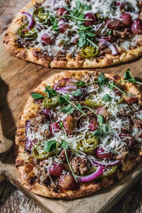 Roasted Grape and Italian Sausage Flatbreads Agrodolce - My Kitchen Little Italian Sausage Pizza, Sausage Appetizers, Roasted Grapes, Coconut Curry Shrimp, Sausage Pizza, Curry Shrimp, Sweet Italian Sausage, Deep Dish Pizza, Parmesan Crusted