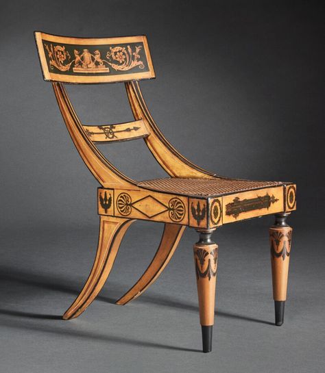 The Important Abell Family Classical Fancy Yellow, Green and Gold Paint-Decorated Klismos Side Chair, Attributed to John Finlay (1777-1851) and/or Hugh Finlay (1781-1831), Baltimore, Maryland, Circa 1810-1815 Estimate: 150,000 - 250,000 USD Lot sold: 478,800 USD Egypt Furniture, Greek Furniture, French Empire Furniture, Furniture Reference, Roman Chair, Klismos Chair, Fancy Chair, Artistic Furniture, Julius Caesar