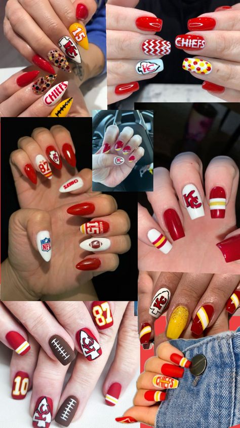 Chiefs Nail Designs, Kansas City Chiefs Nails, Chiefs Nails, Football Nail Designs, Football Nails, Kc Chiefs Football, Kansas City Chiefs Logo, Chiefs Logo, Kc Chiefs