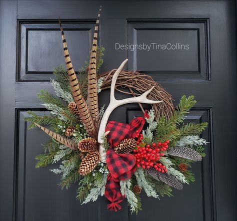 Wreath With Antlers, Antler Wreaths, Deer Antler Wreath, Hunting Wreath, Cabin Wreath, Red Dogwood, Antler Wreath, Grapevine Christmas, Deer Antler Decor