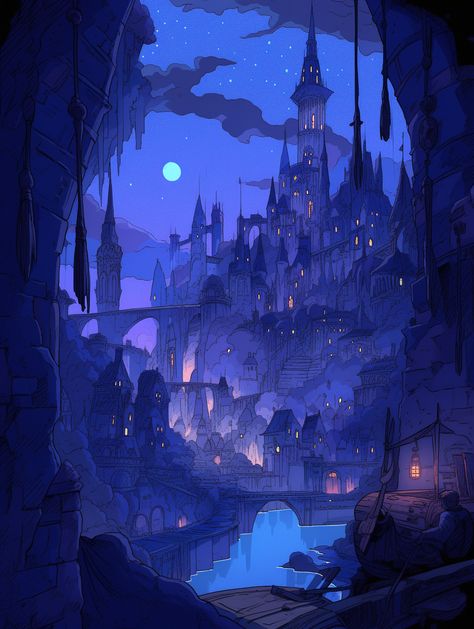 Night Time Illustration, Mystical Scenery, Castle Exterior, Concept Art Tutorial, Witchy Wallpaper, Pretty Backgrounds, Fantasy City, Fantasy Castle, Canvas Painting Diy